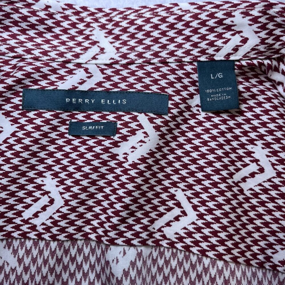 Perry Ellis SLIM FIT short sleeve button down shirt cotton maroon white mens L - Picture 4 of 12